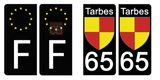 65 HAUTES PYRENNEES, TARBES - Stickers pour plaque d'immatriculation, disponible pour AUTO et MOTO