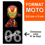 Sticker for MOTORCYCLE license plate, BLACK background, Department number - IRONMAN